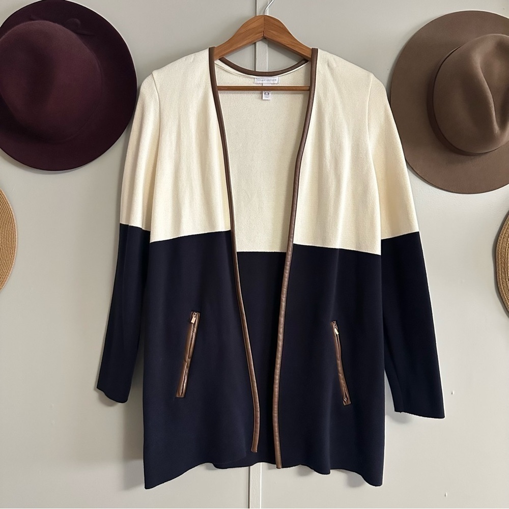 Charter Club Milano white navy faux leather open knit sweater cardigan jacket